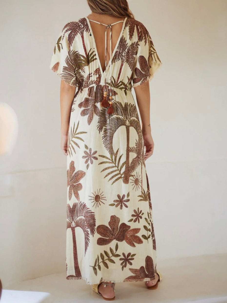 Beige and burgundy printed maxi dress