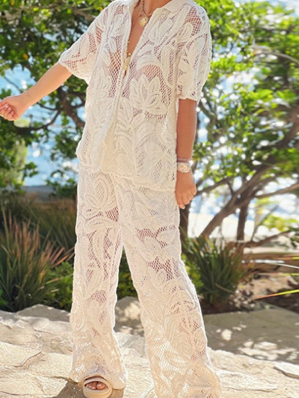 Beige lace set of 2 shirt and pants