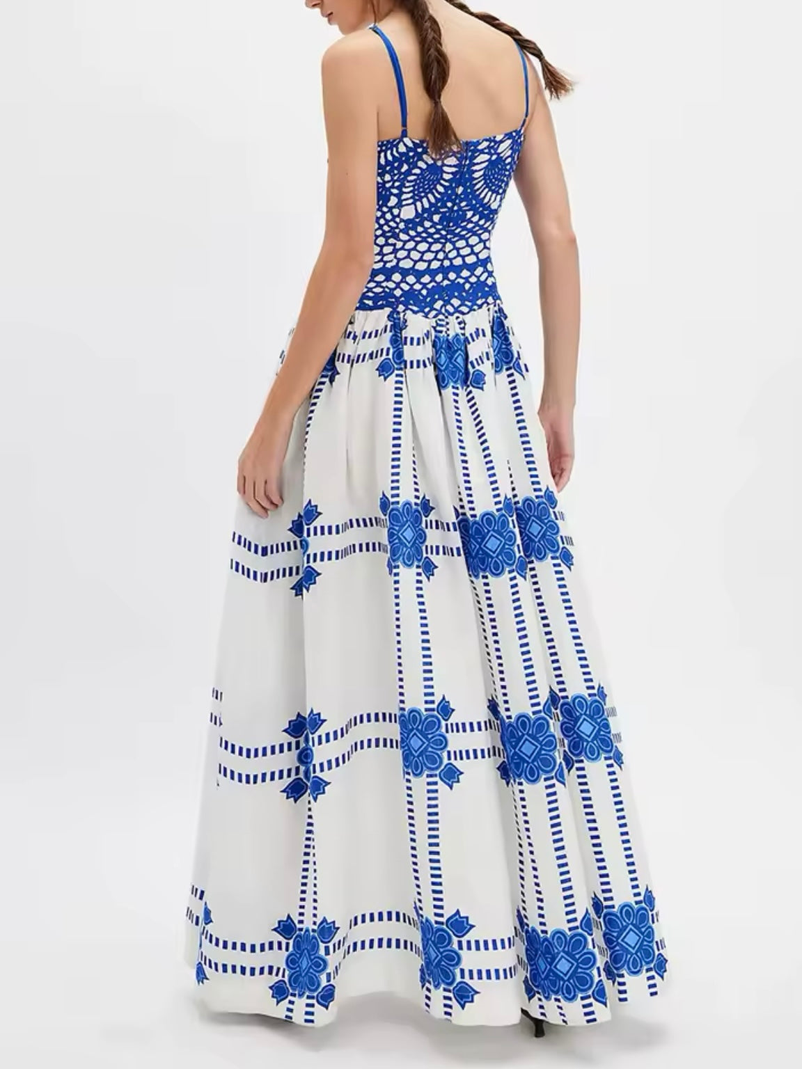White and blue embroidered maxi dress