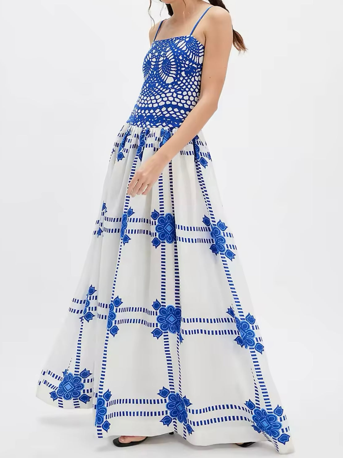 White and blue embroidered maxi dress