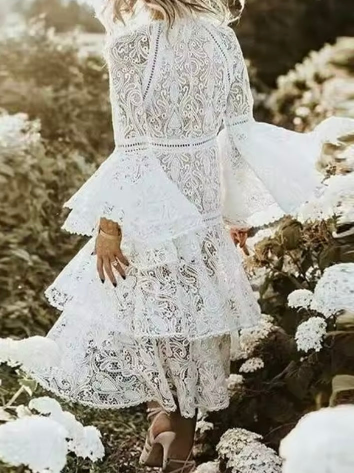 White floral lace midi dress