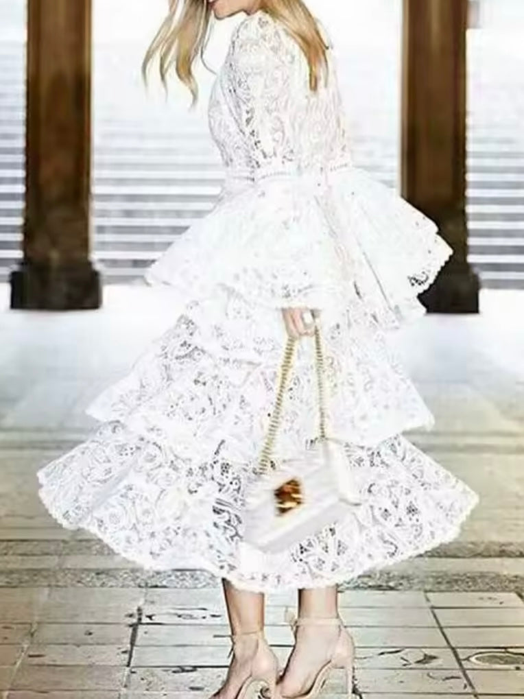 White floral lace midi dress