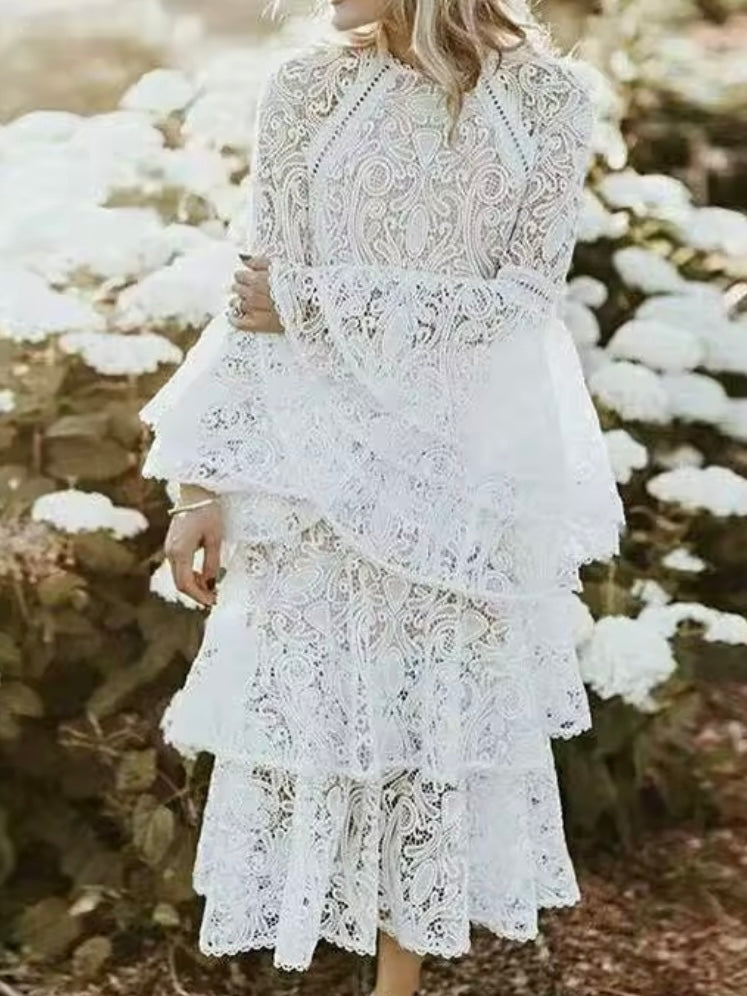 White floral lace midi dress