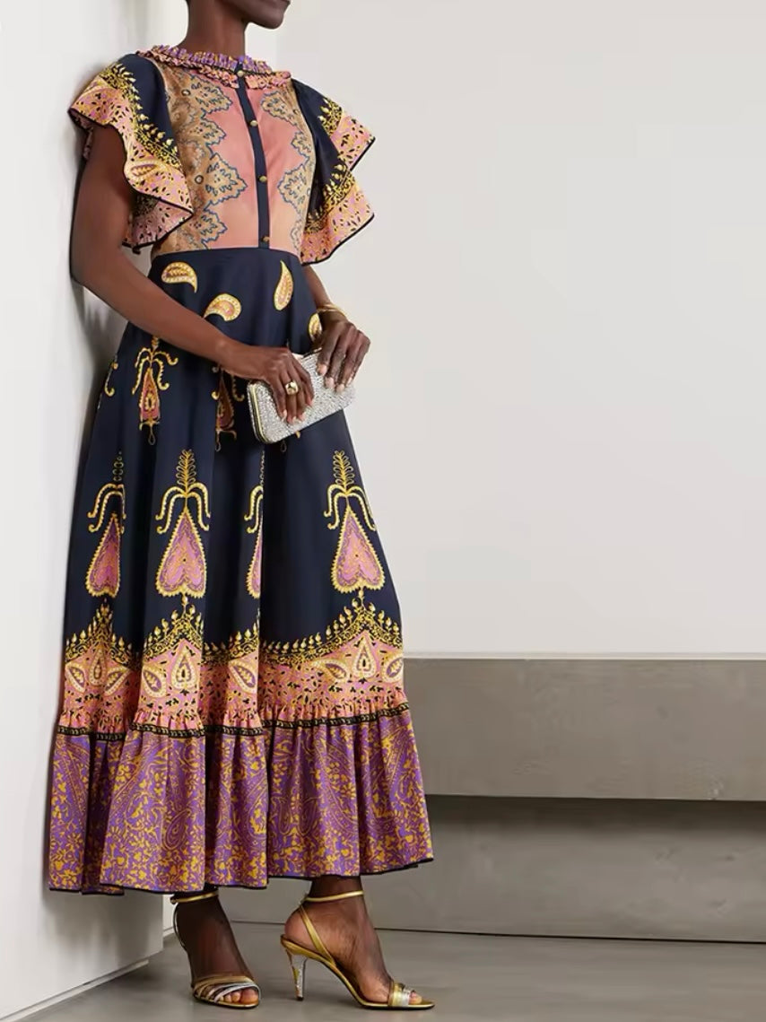 Pink and navy blue printed maxi dress