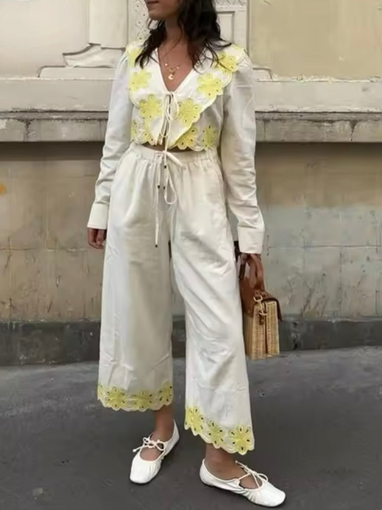 Beige and yellow contrast edge set of 2 top and pants