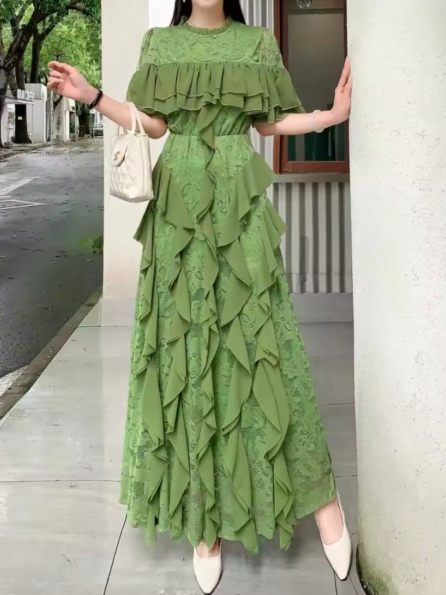 Green short sleeves layered maxi dress