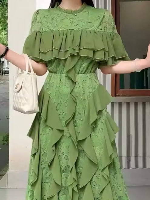 Green short sleeves layered maxi dress