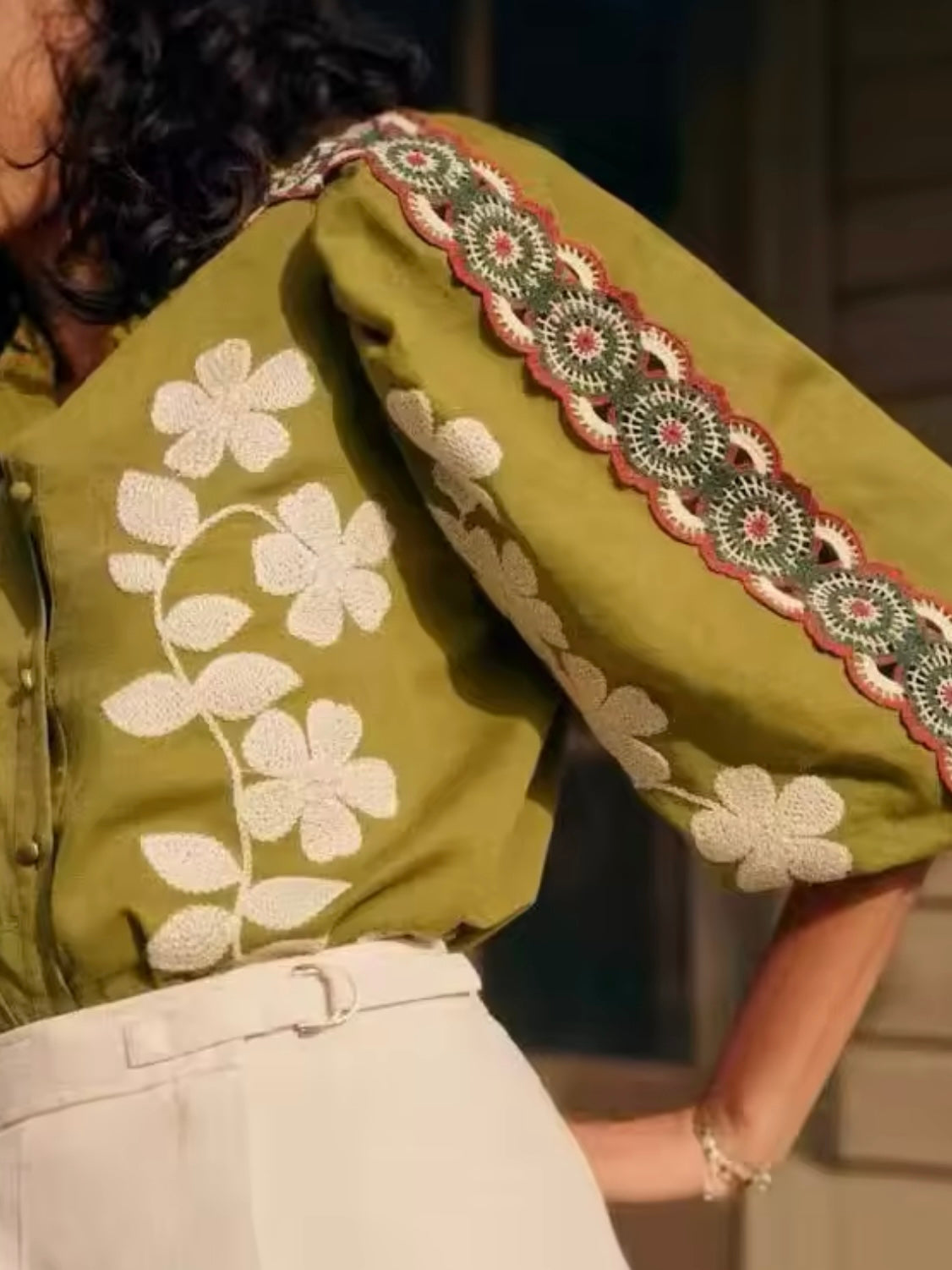 Green embroidered floral top