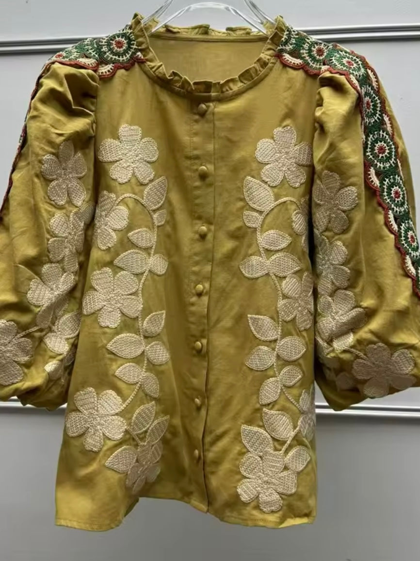 Green embroidered floral top
