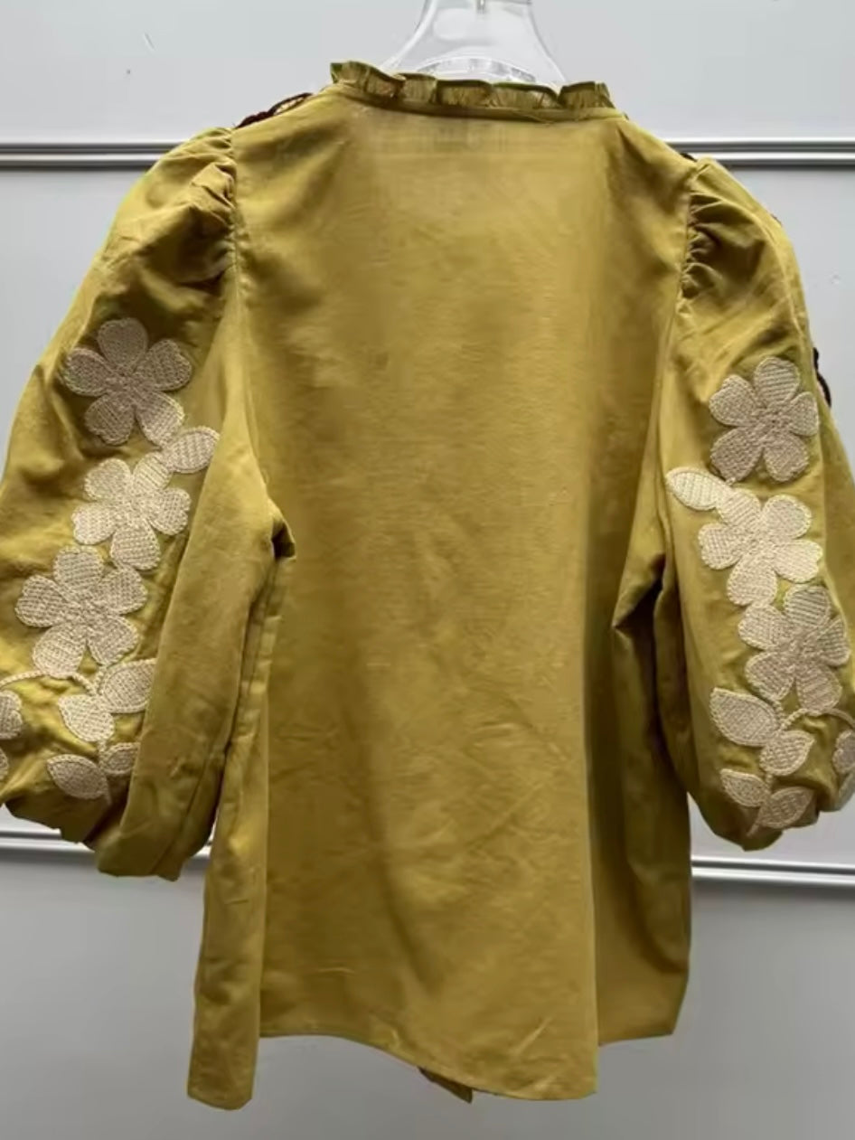 Green embroidered floral top