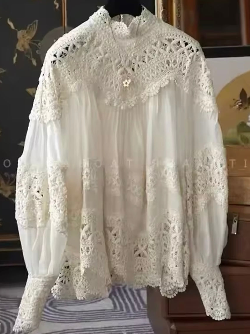 Beige crochet floral mix fabrics shirt