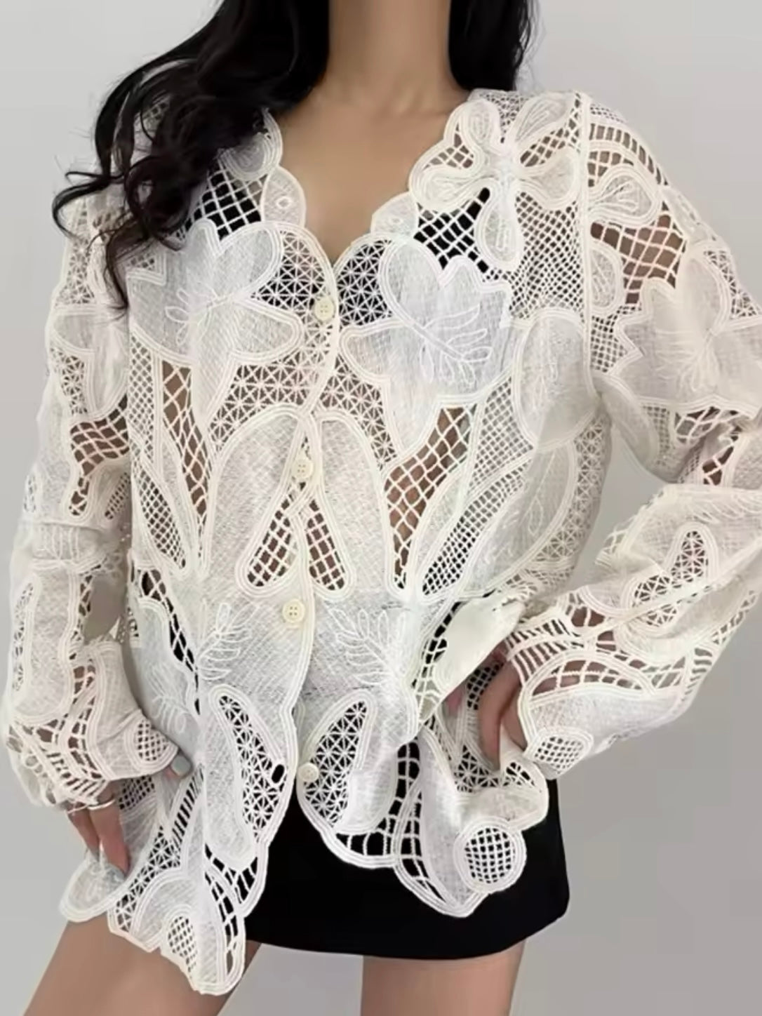 Off white crochet floral mix fabrics shirt