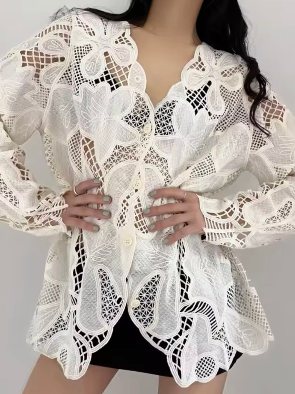 Off white crochet floral mix fabrics shirt