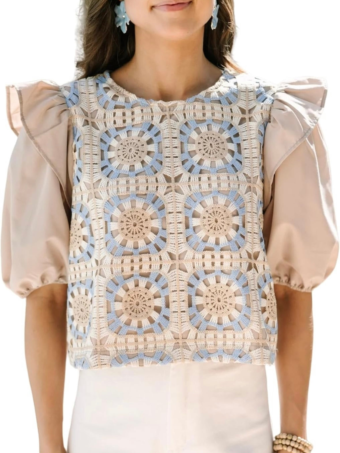 Beige and blue knitted mix fabrics shirt