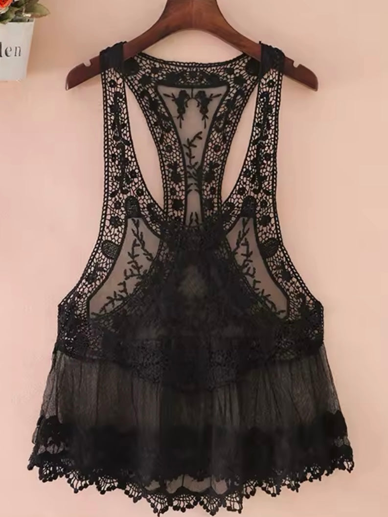 White, beige and black embroidered floral texture lace top