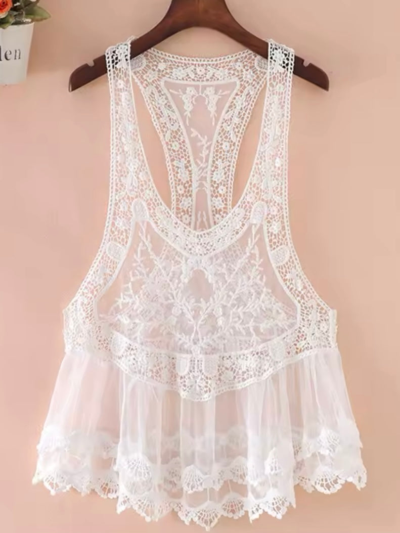 White, beige and black embroidered floral texture lace top