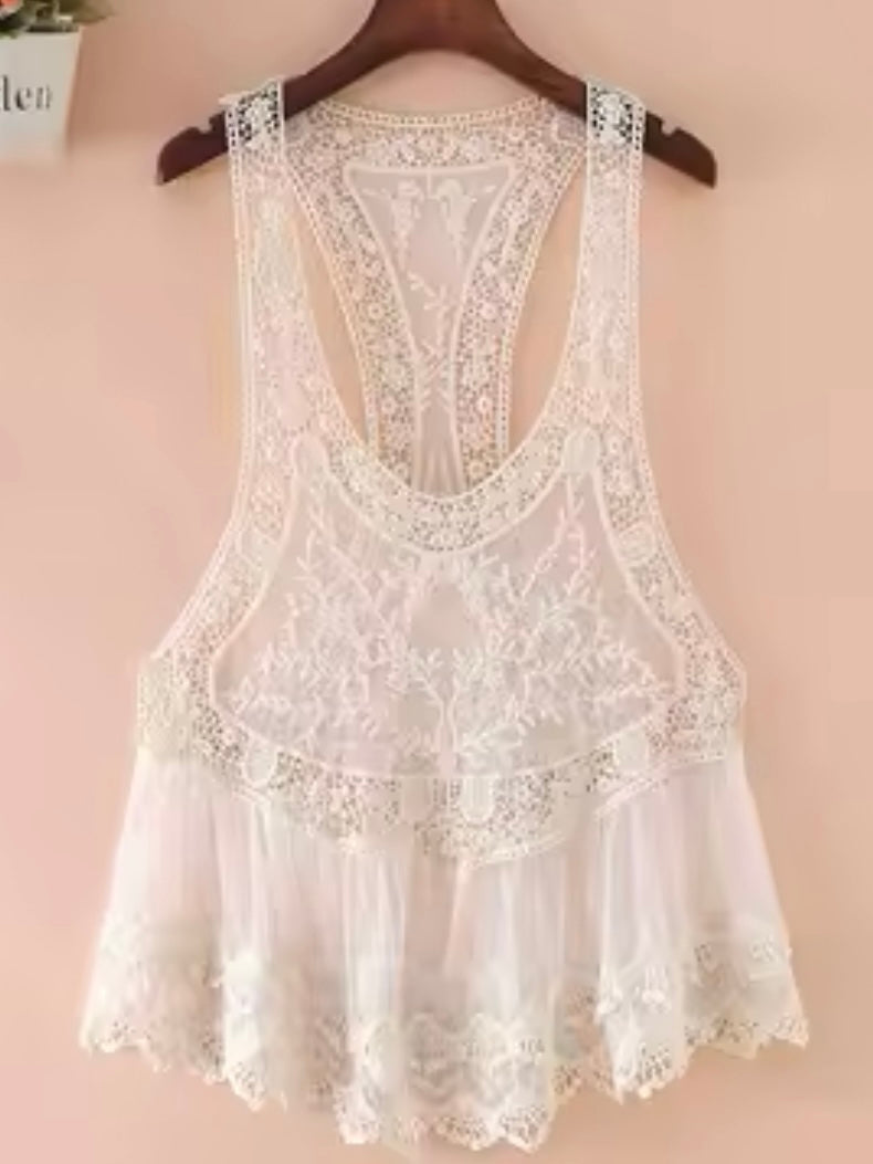 White, beige and black embroidered floral texture lace top