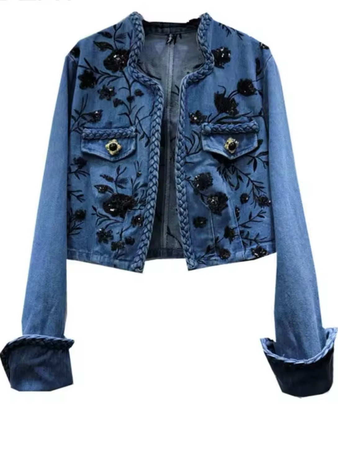Mid blue denim black floral embroidered jacket