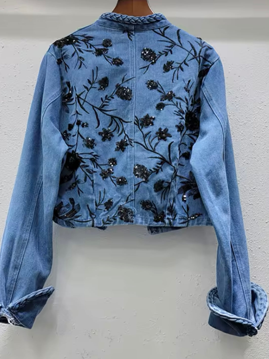 Mid blue denim black floral embroidered jacket