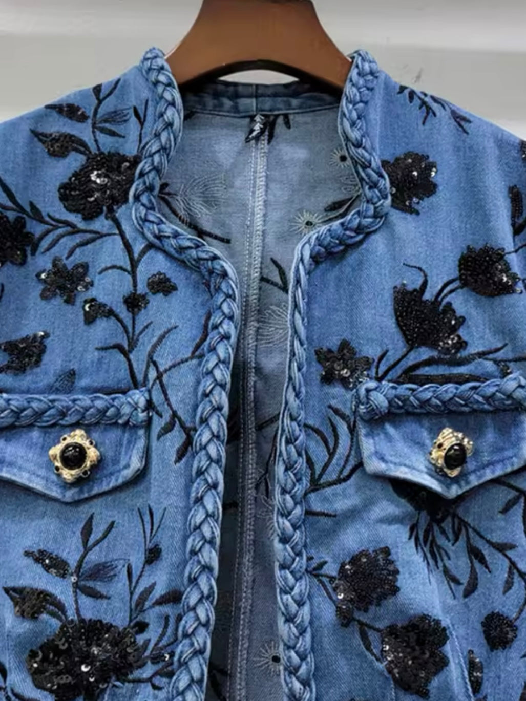 Mid blue denim black floral embroidered jacket