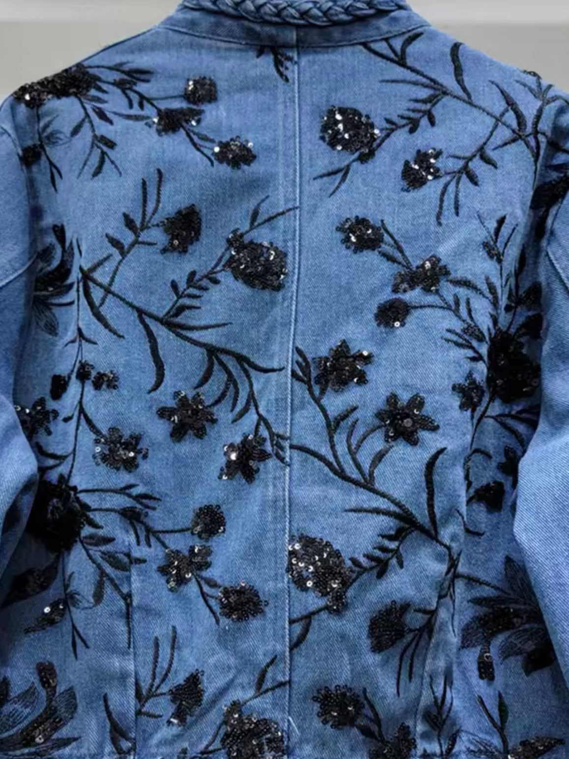 Mid blue denim black floral embroidered jacket