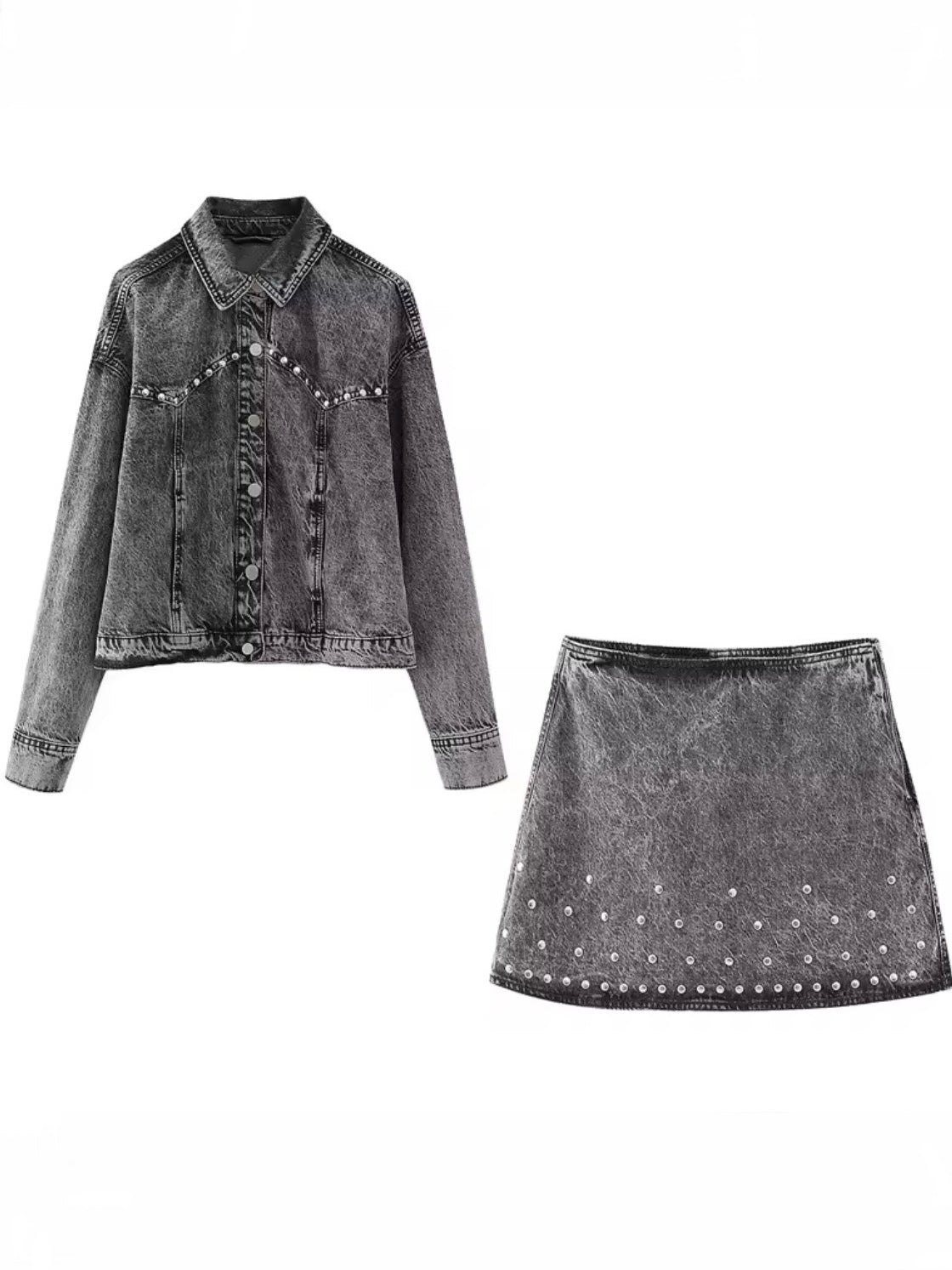 Black jeans and studded set of jacket and mini skirt