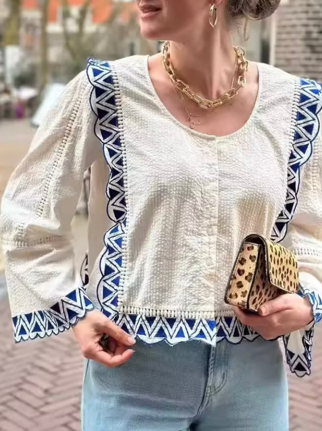 Reversible beige and blue floral embroidered shirt