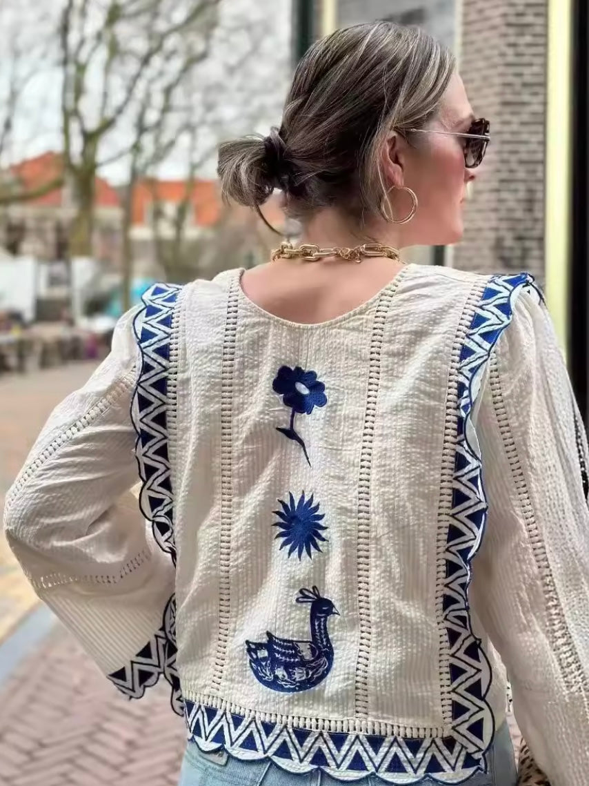 Reversible beige and blue floral embroidered shirt