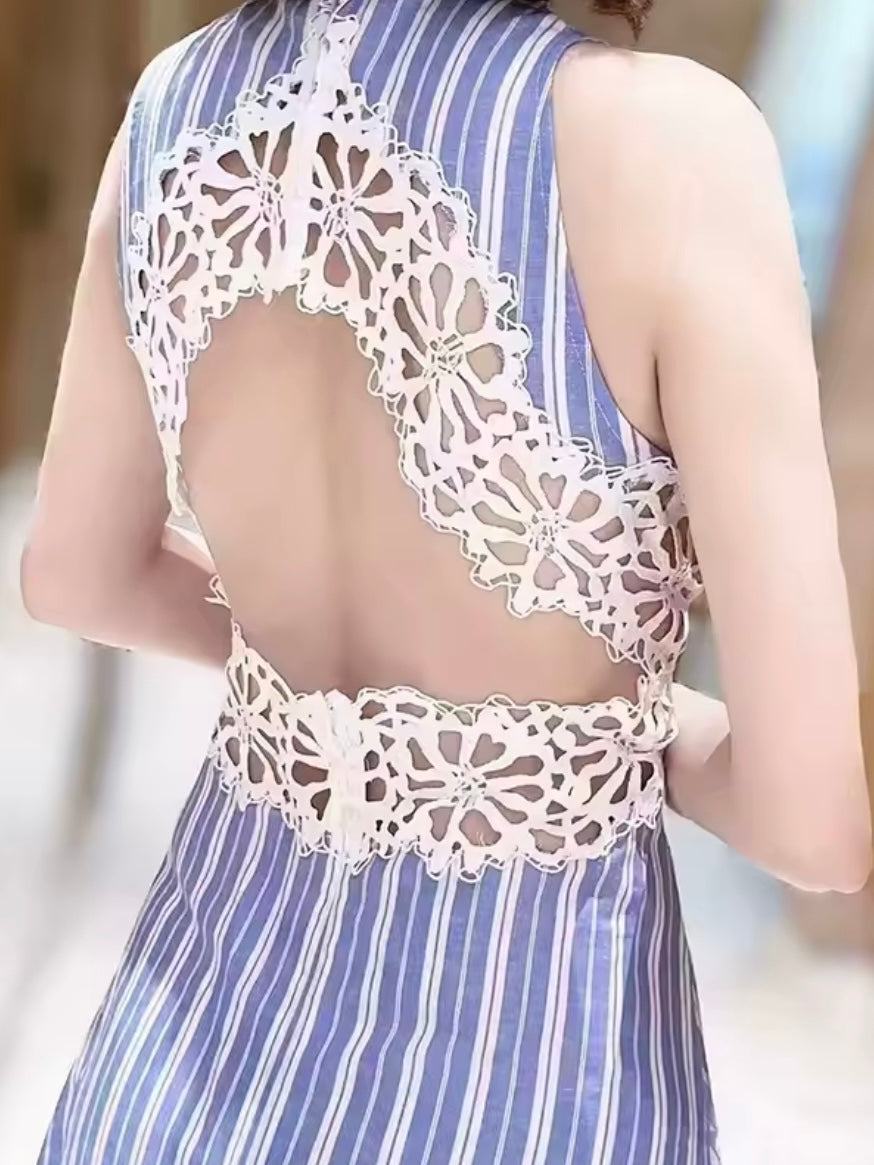 Blue and white crochet light maxi dress
