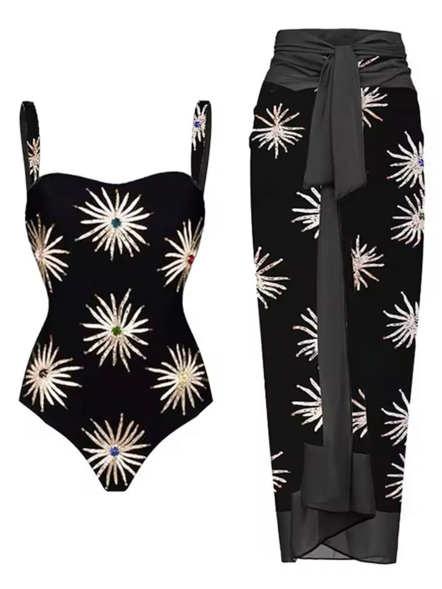 Black and white printed set of 2 swimsuit and maxi skirt