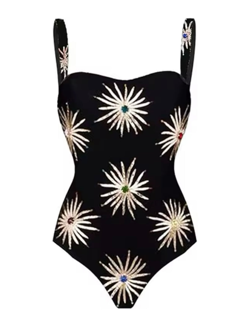 Black and white printed set of 2 swimsuit and maxi skirt
