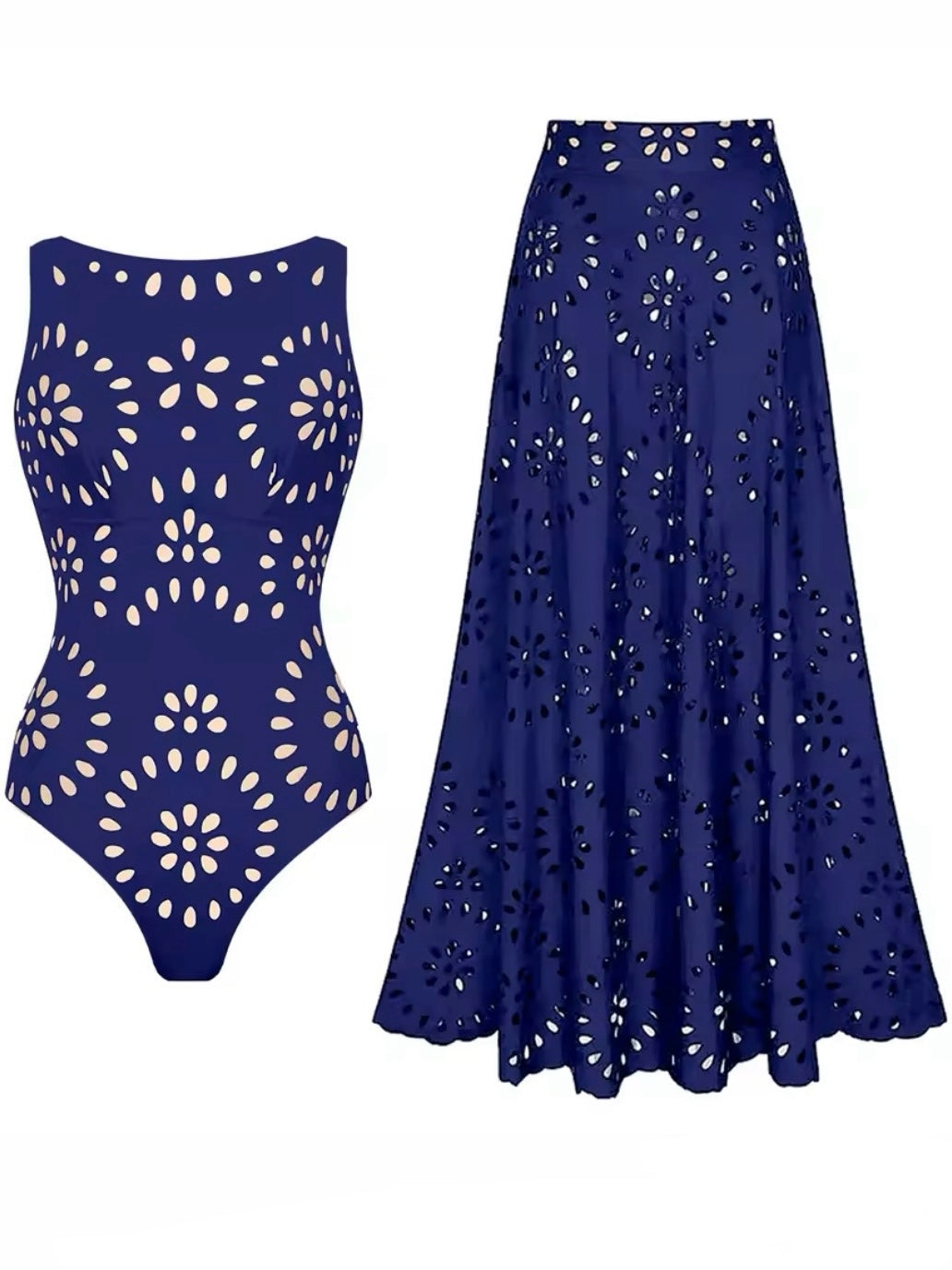 Solid colors cutout fabric set of 2, one piece strapless swimsuit and maxi skirt