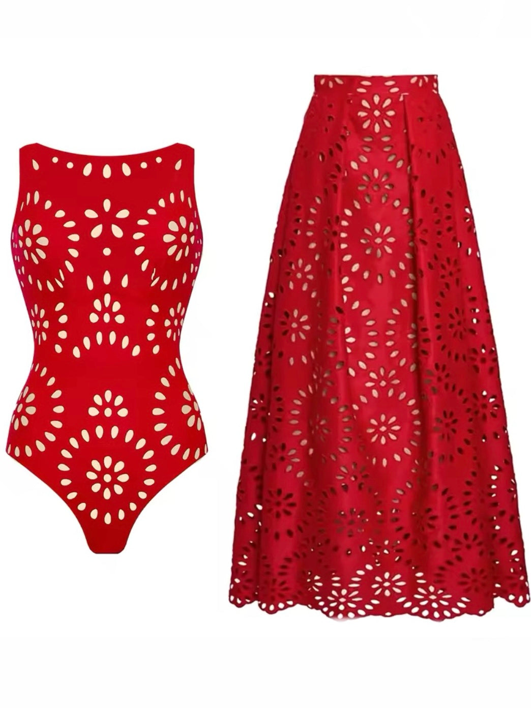 Solid colors cutout fabric set of 2, one piece strapless swimsuit and maxi skirt