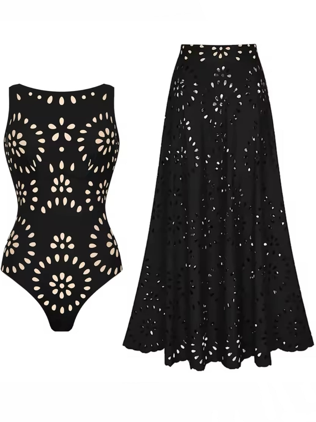 Solid colors cutout fabric set of 2, one piece strapless swimsuit and maxi skirt