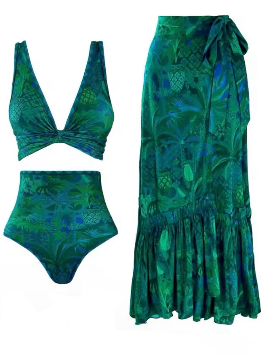 Green palms printed fabric set of 2 bikini and maxi skirt