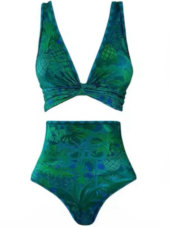 Green palms printed fabric set of 2 bikini and maxi skirt
