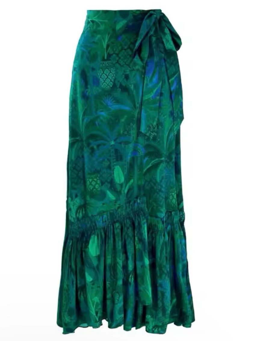 Green palms printed fabric set of 2 bikini and maxi skirt