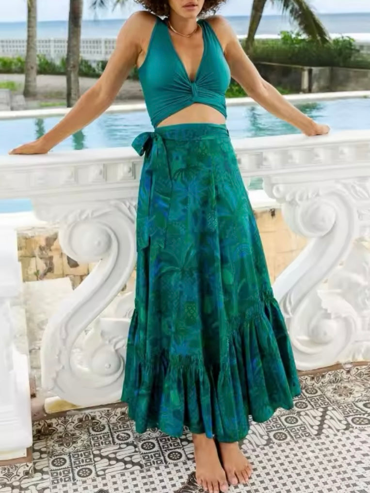 Green palms printed fabric set of 2 bikini and maxi skirt