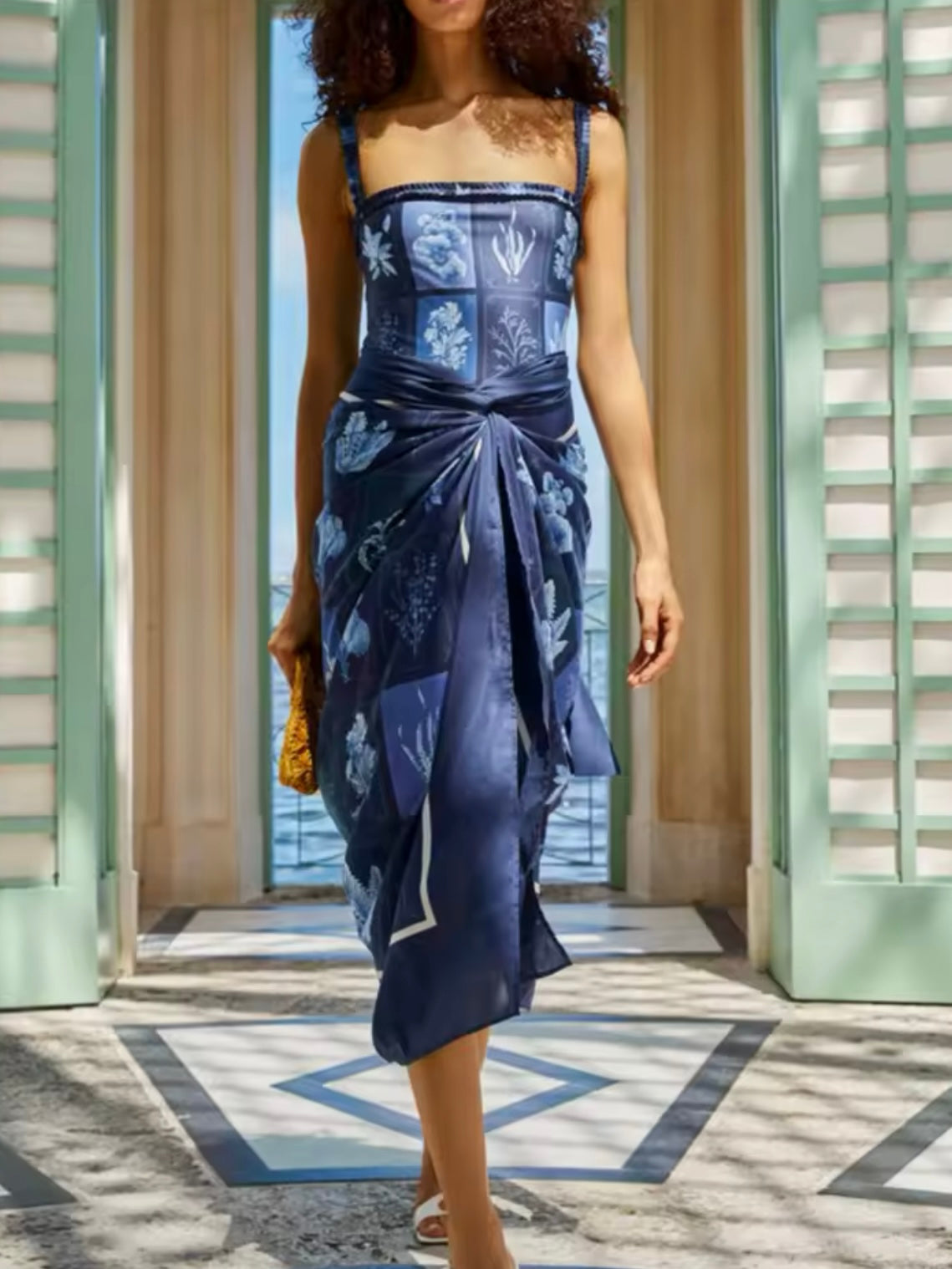 Blue leafs printed fabric set of 2 bikini/one piece and maxi skirt