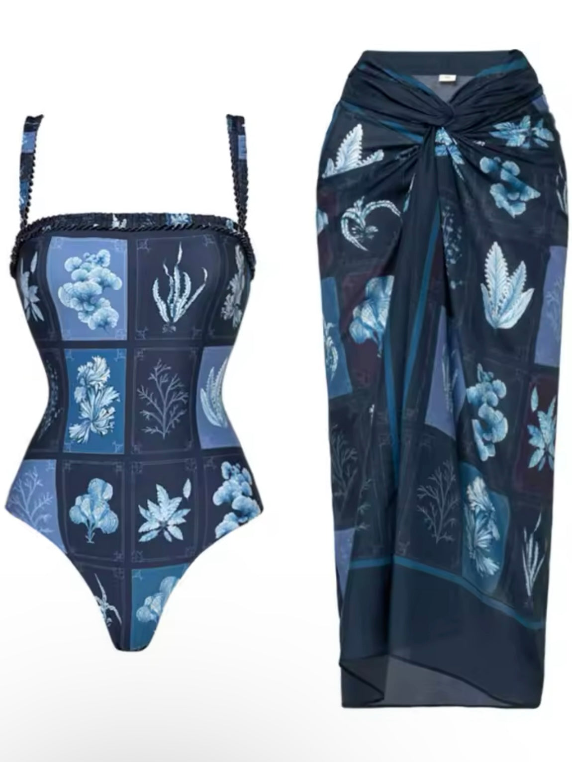 Blue leafs printed fabric set of 2 bikini/one piece and maxi skirt