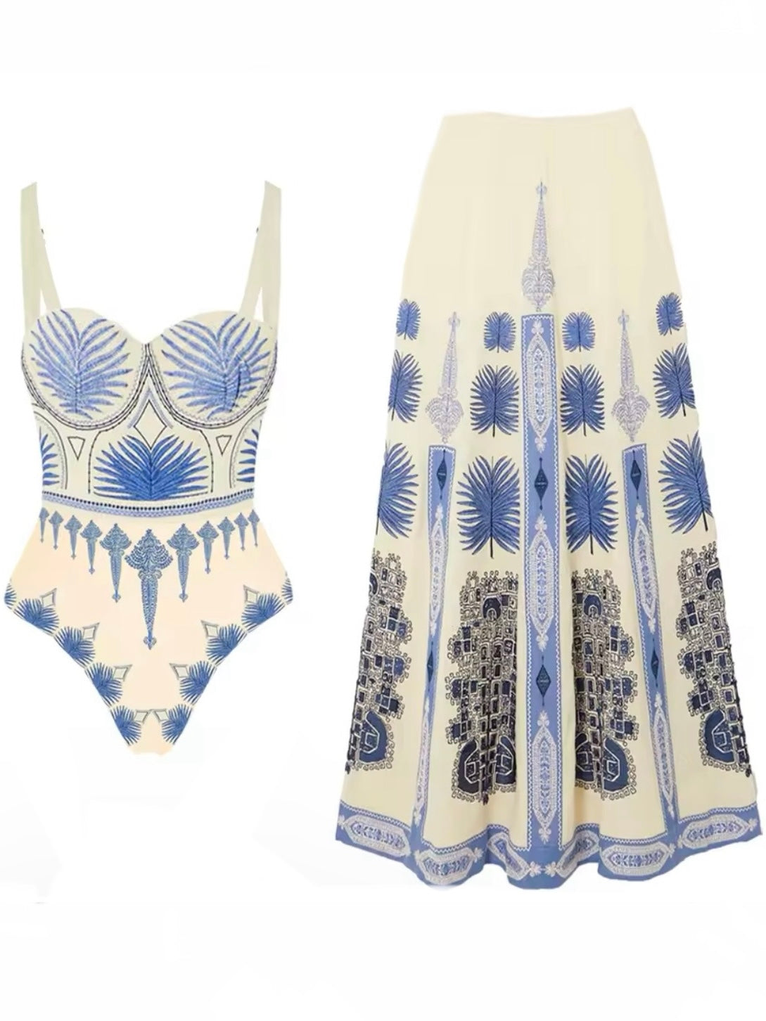 Off white and blue palms printed fabric set of 2, one piece swimsuit and maxi skirt