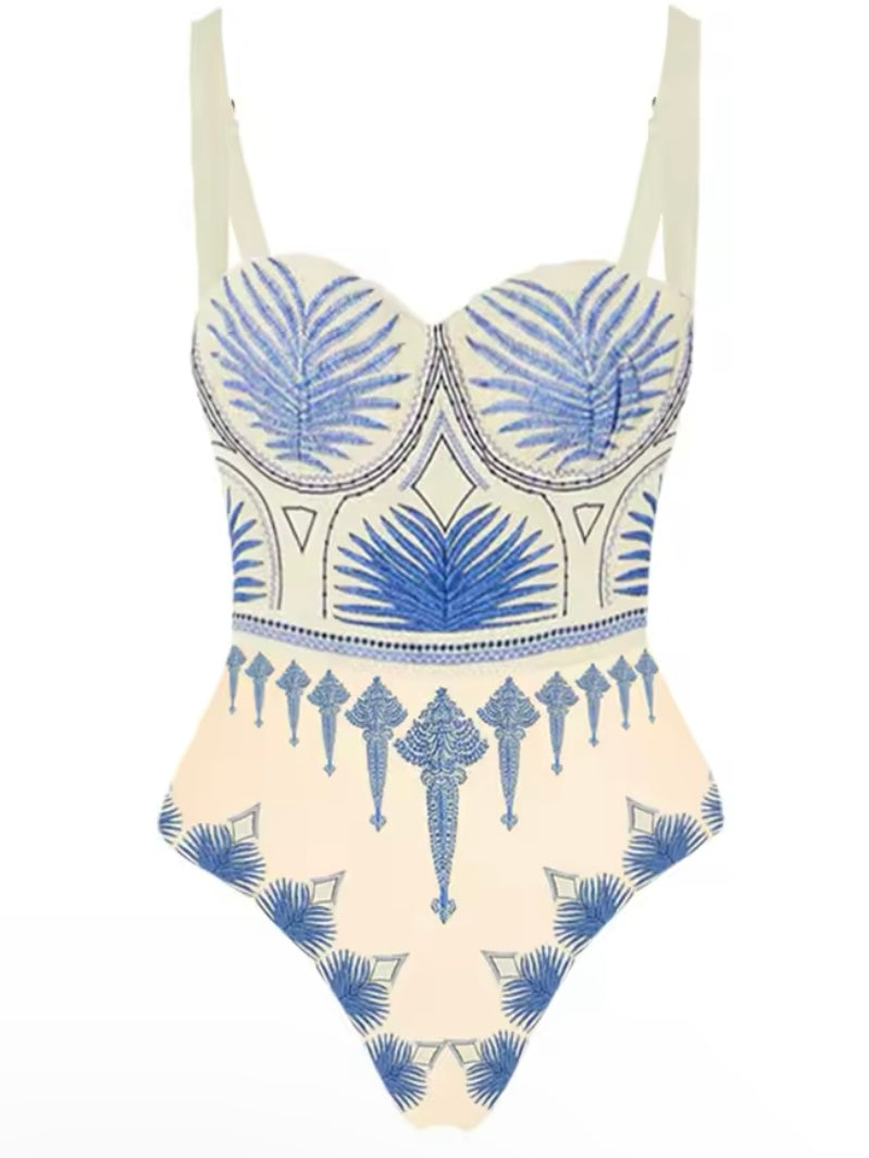 Off white and blue palms printed fabric set of 2, one piece swimsuit and maxi skirt