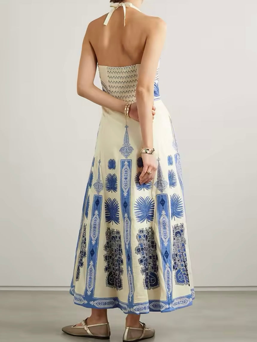 Off white and blue palms printed fabric set of 2, one piece swimsuit and maxi skirt