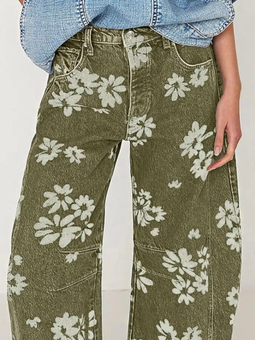 Green floral barrel seams pants