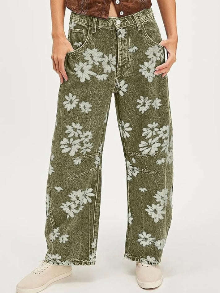 Green floral barrel seams pants