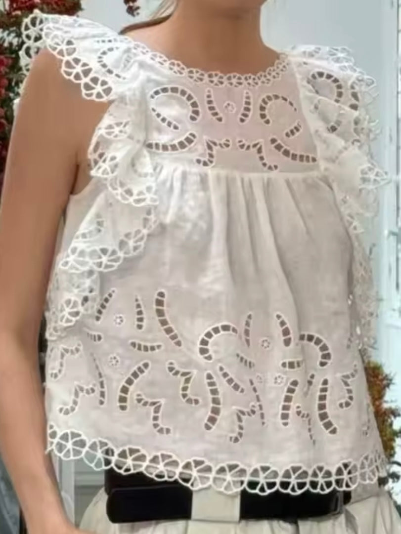 White and black sleeveless lace top