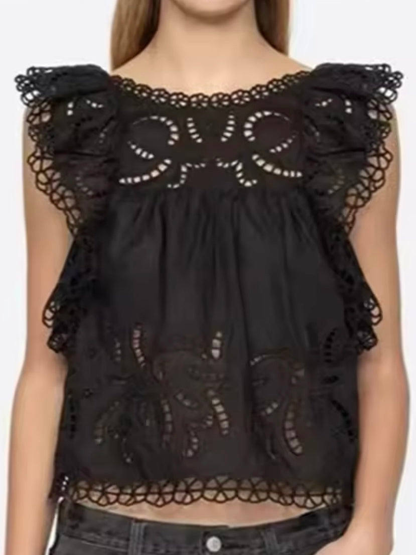 White and black sleeveless lace top