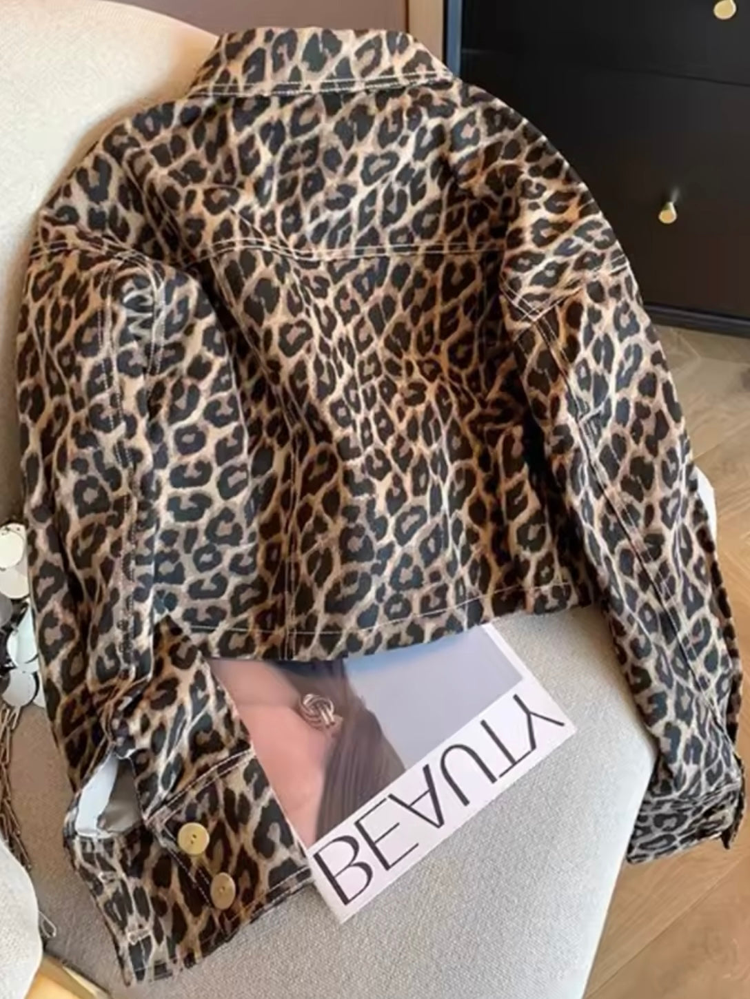 Leopard print jeans jacket