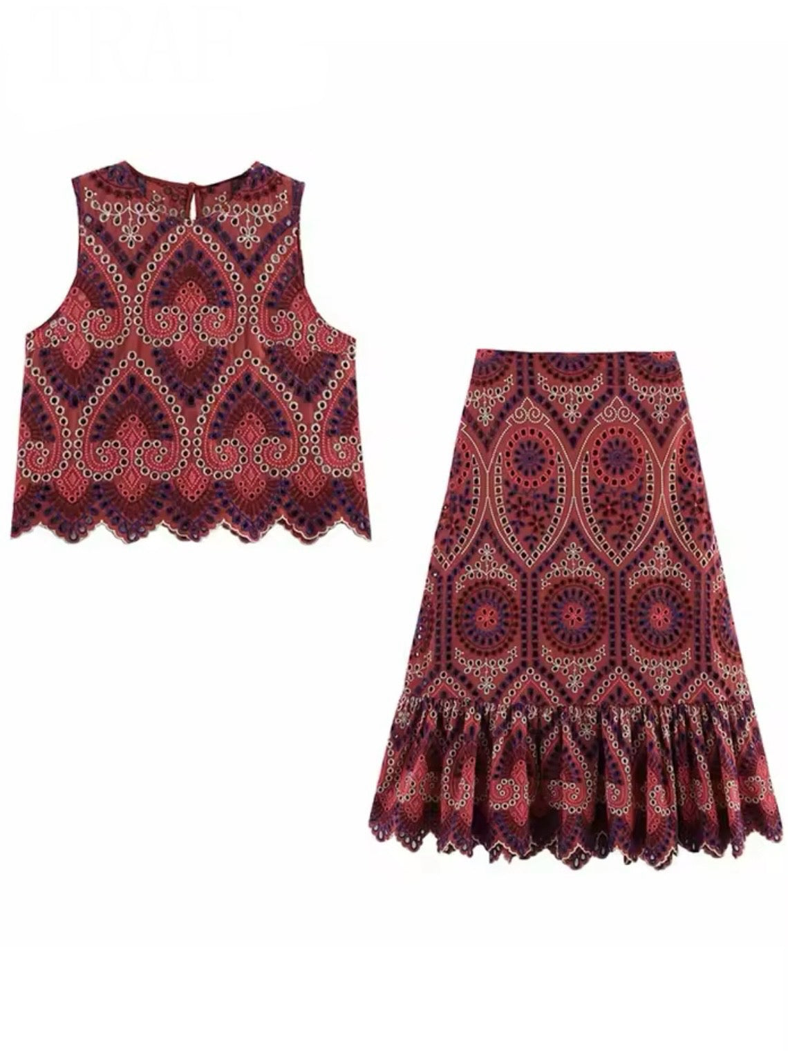 Burgundy Set of 2 eyelet lace shirt and skirt