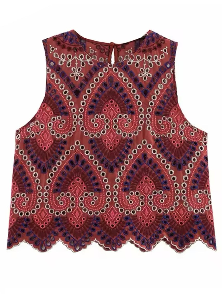 Burgundy Eyelet Lace 2-Piece Set – Top & Midi Skirt